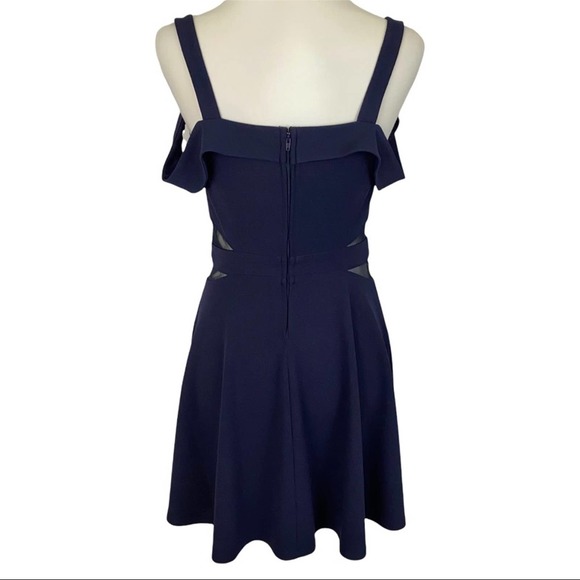 XTRAORDINARY | Navy Blue Cold Shoulder Sheer Cutout Mini Party Cocktail Dress - Picture 9 of 16